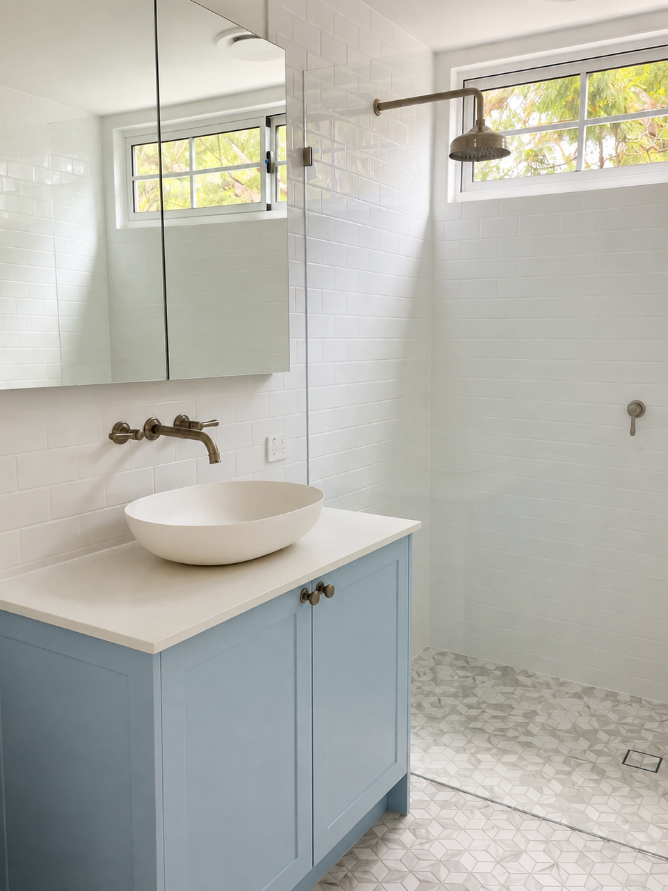 Shell Road bathroom with a freestanding bath and timber vanity