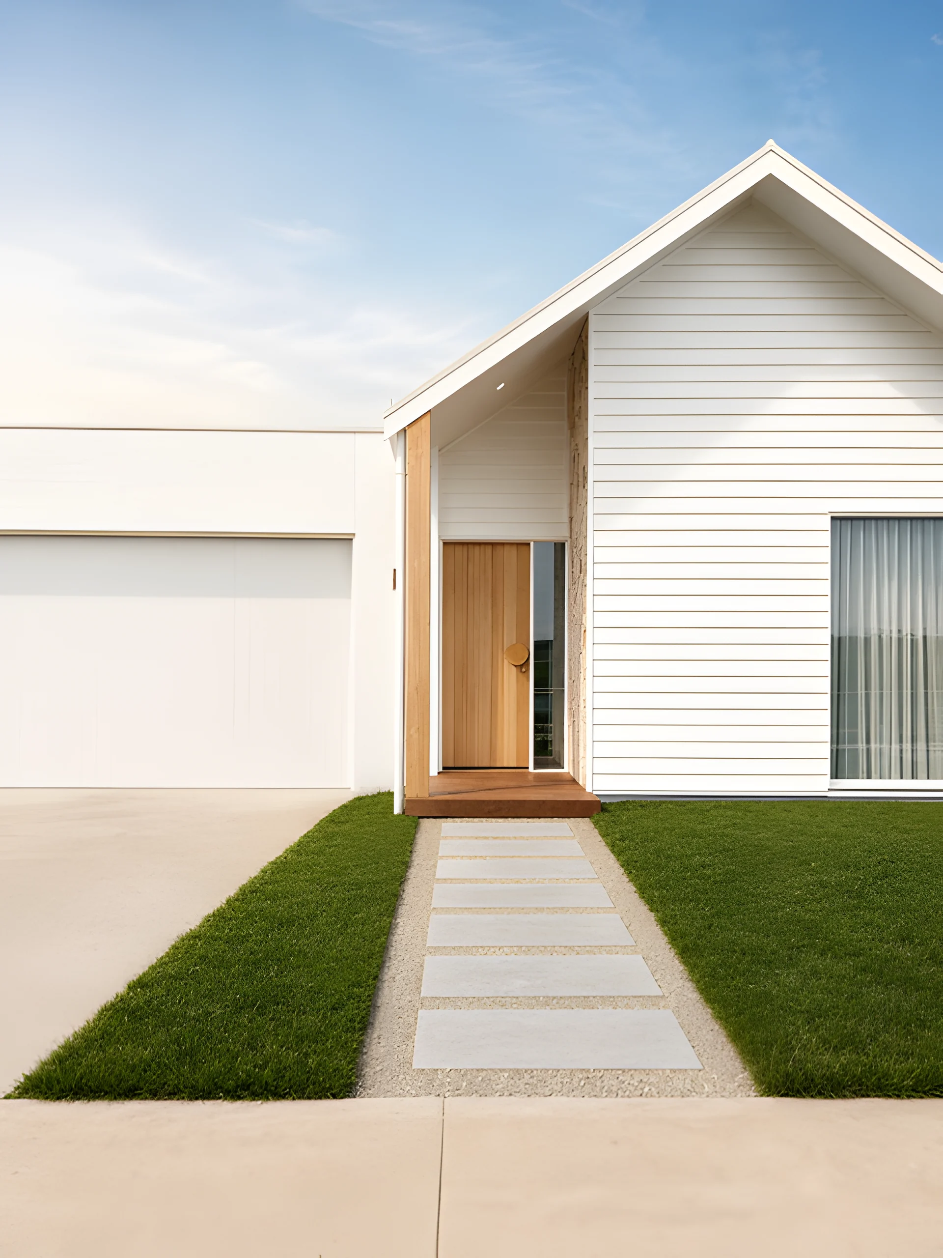 White Coastal Boulevard exterior with a timber entry and landscaped front path