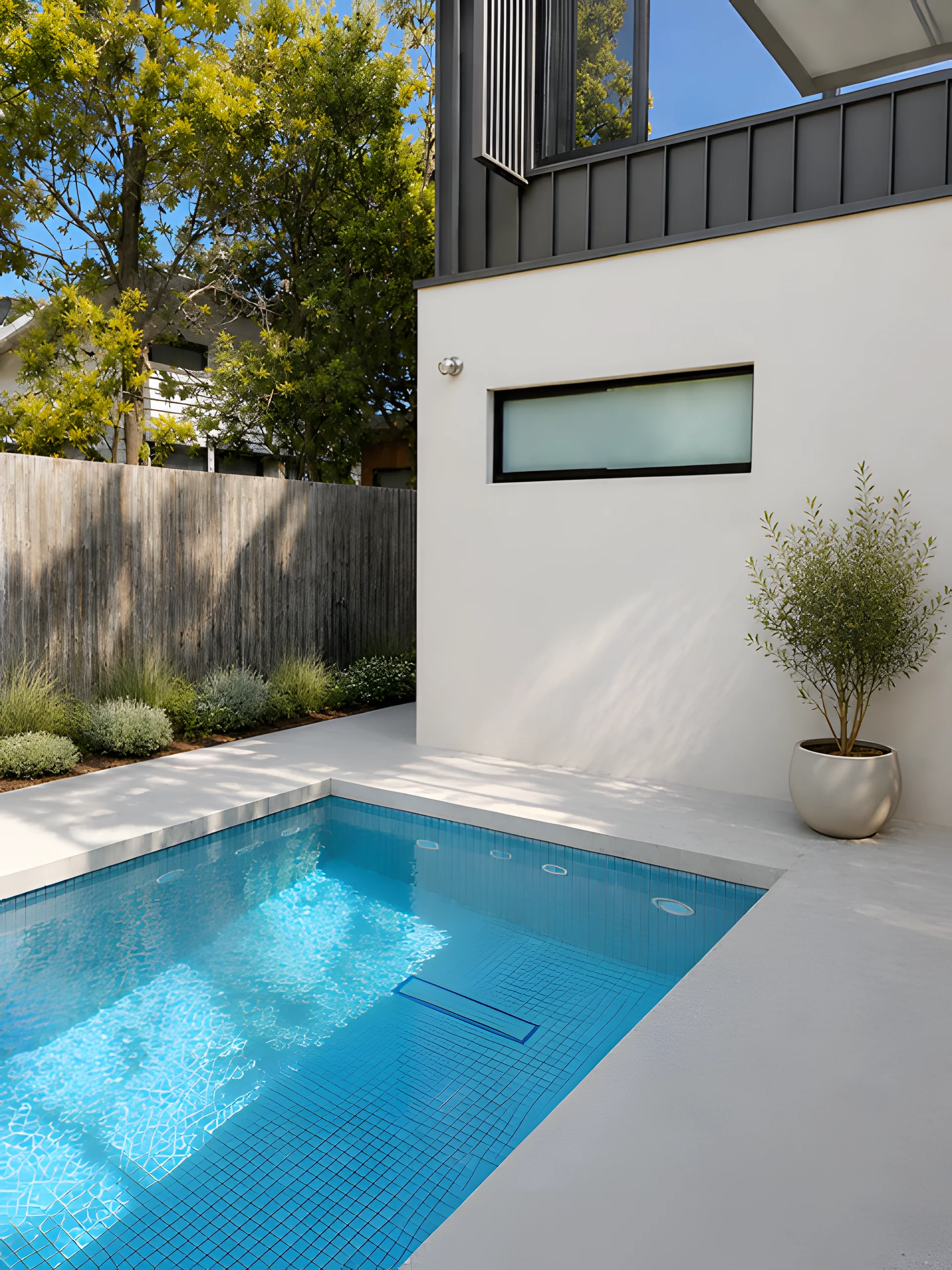 Midden Terrace courtyard pool beside a contemporary two-storey home