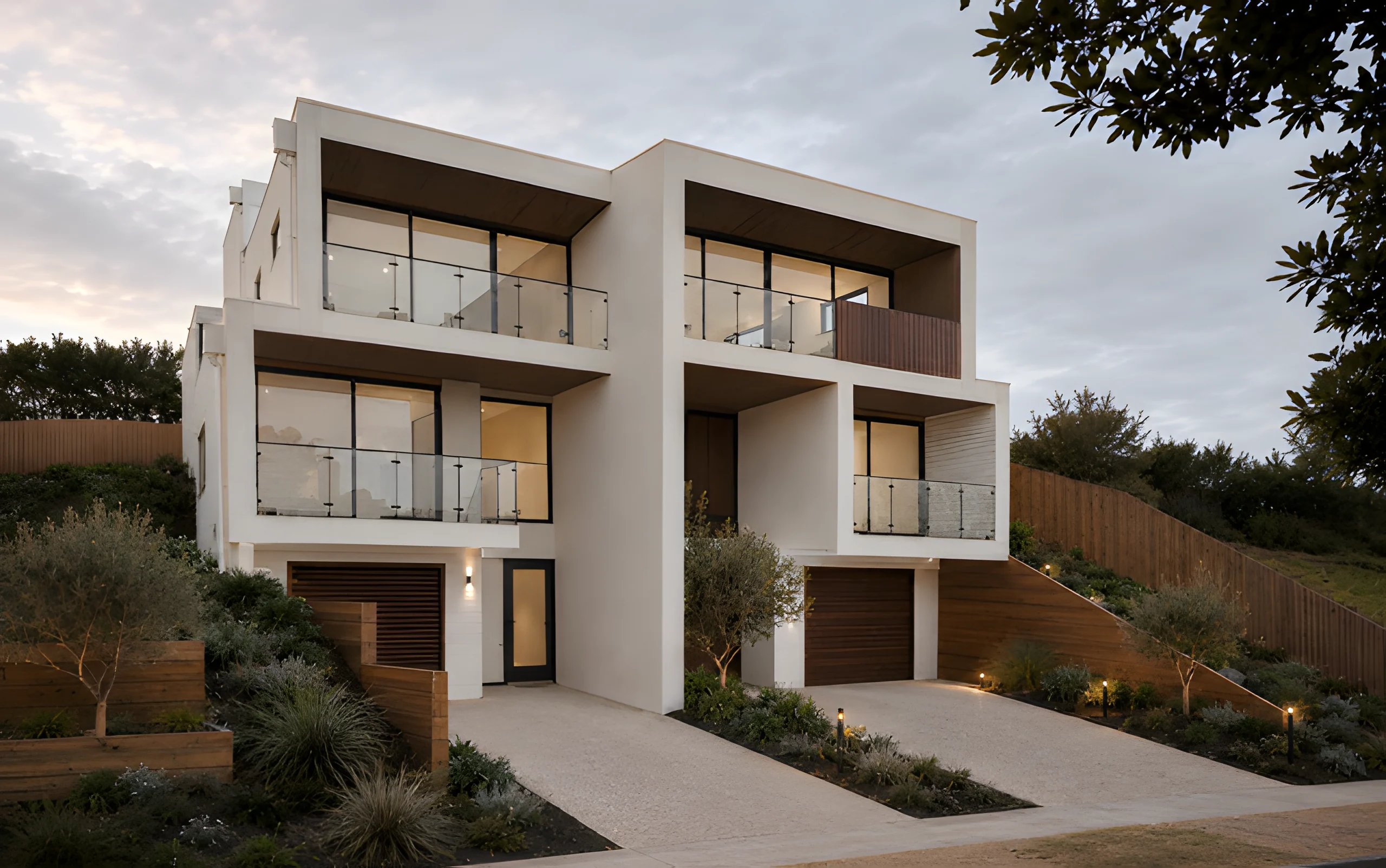Architectural exterior render of two Sunset Strip townhouses under construction